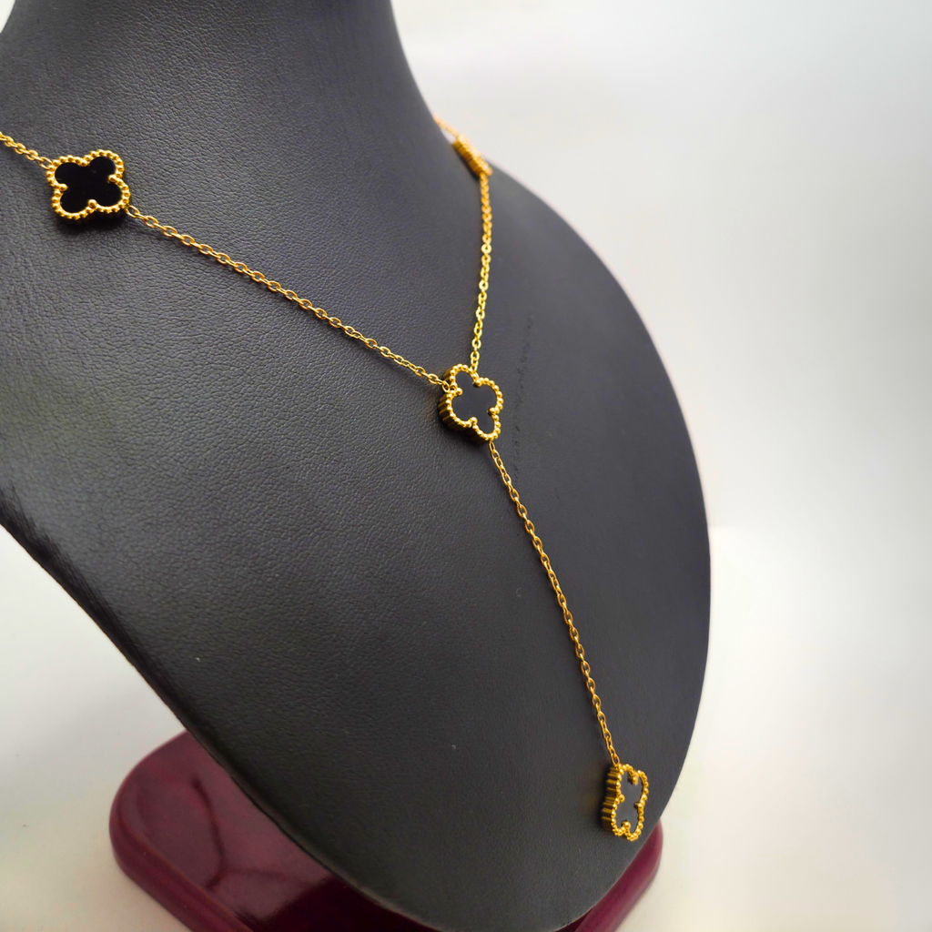 Conjunto de Lujo Trébol de la Suerte Negro (Collar Y) - Acero Bañado en Oro 18K