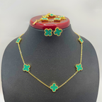 Conjunto Trébol de la Suerte Verde Malaquita - Acero Bañado en Oro 18K
