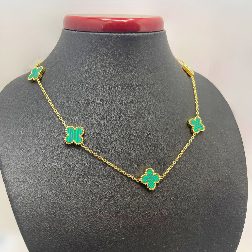 Conjunto Trébol de la Suerte Verde Malaquita - Acero Bañado en Oro 18K