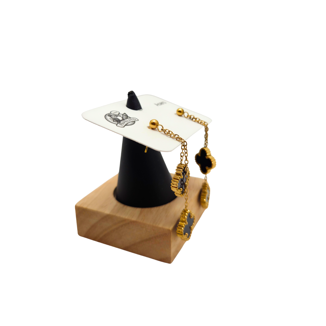 Conjunto de Lujo Trébol de la Suerte Negro (Collar Y) - Acero Bañado en Oro 18K