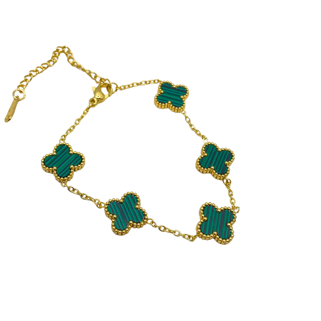 Conjunto Trébol de la Suerte Verde Malaquita - Acero Bañado en Oro 18K