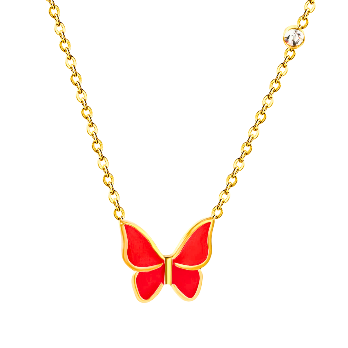 Collar con Colgante de Mariposa Esmaltada Roja y Circonitas - 100% Acero Bañado en Oro 18K