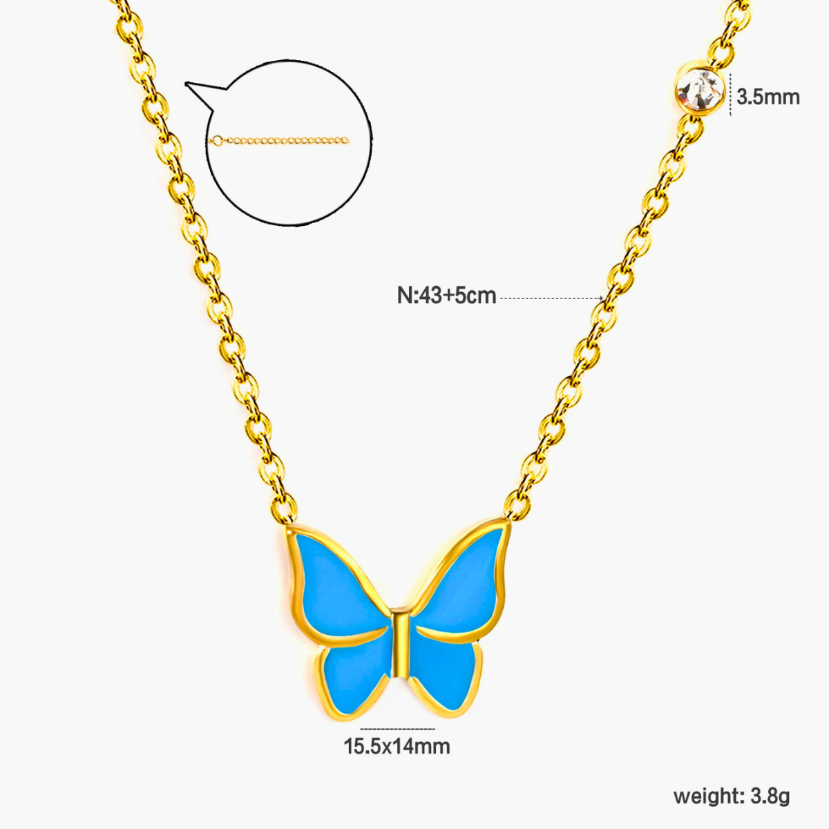 Collar con Colgante de Mariposa Esmaltada Azul y Circonitas - 100% Acero Bañado en Oro 18K