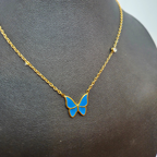Collar con Colgante de Mariposa Esmaltada Azul y Circonitas - 100% Acero Bañado en Oro 18K