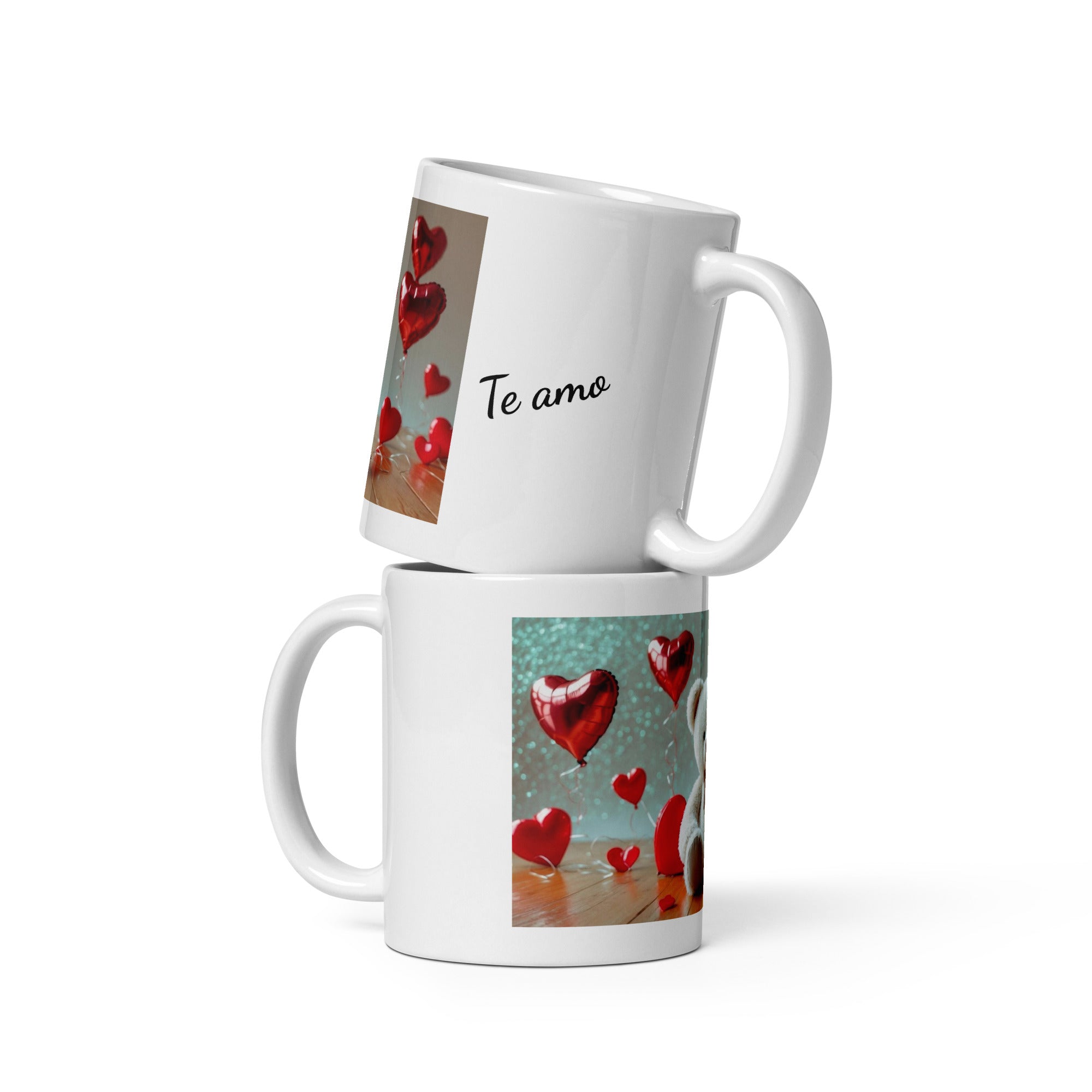 Taza blanca brillante. Osito globos de corazón