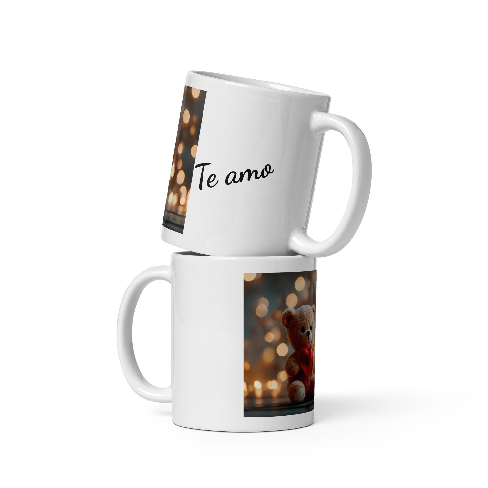 Taza blanca brillante. Osito con corazón