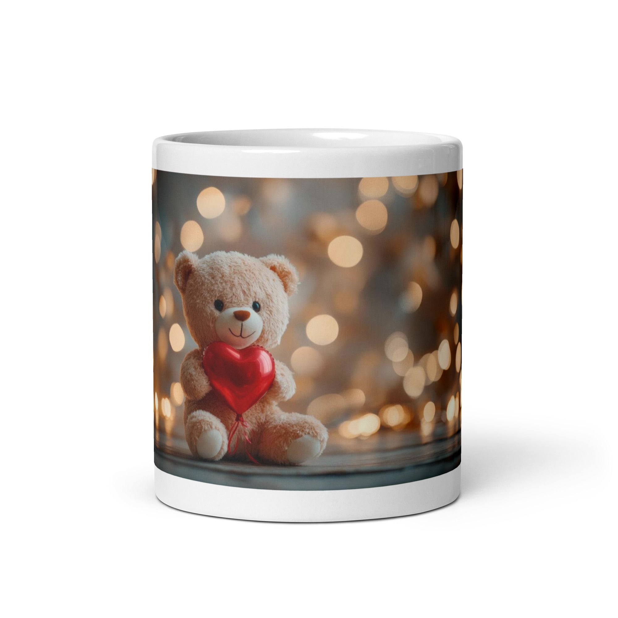 Taza blanca brillante. Osito con corazón