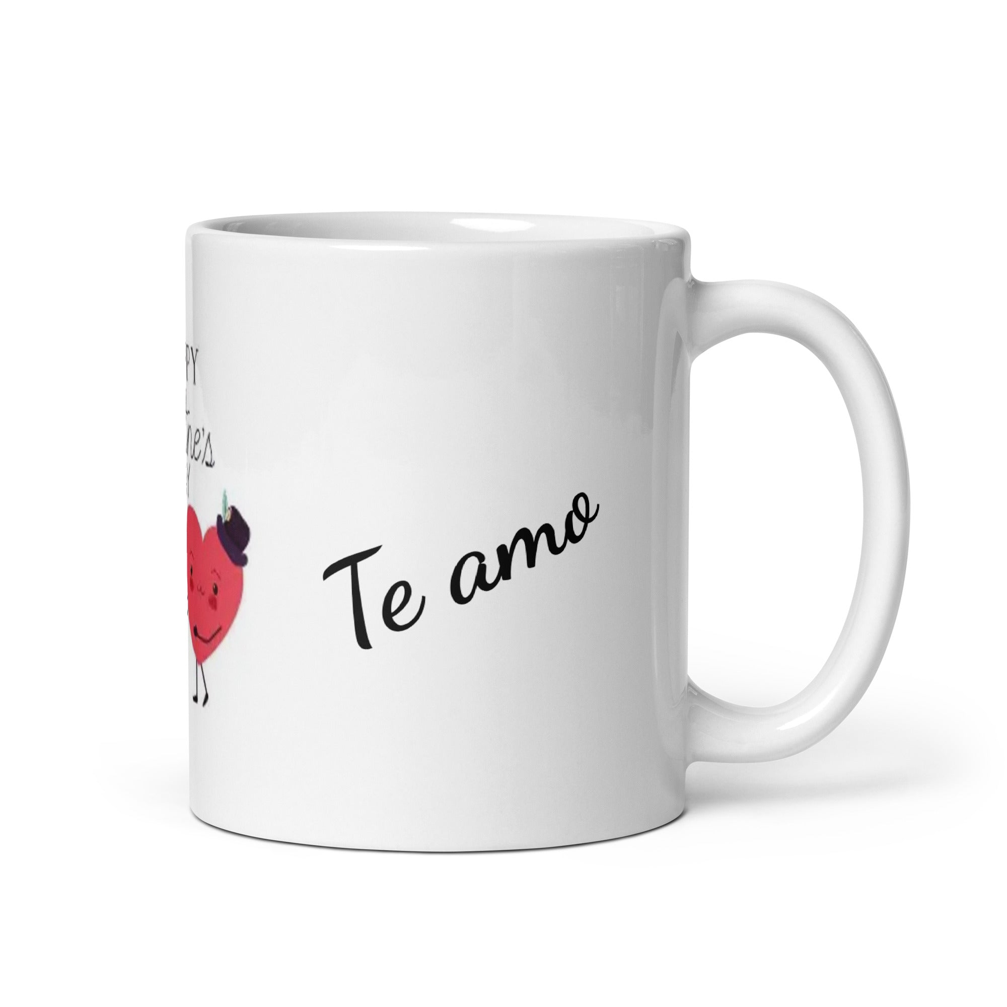 Taza blanca brillante. Happy Valentine's Day. 2 corazones