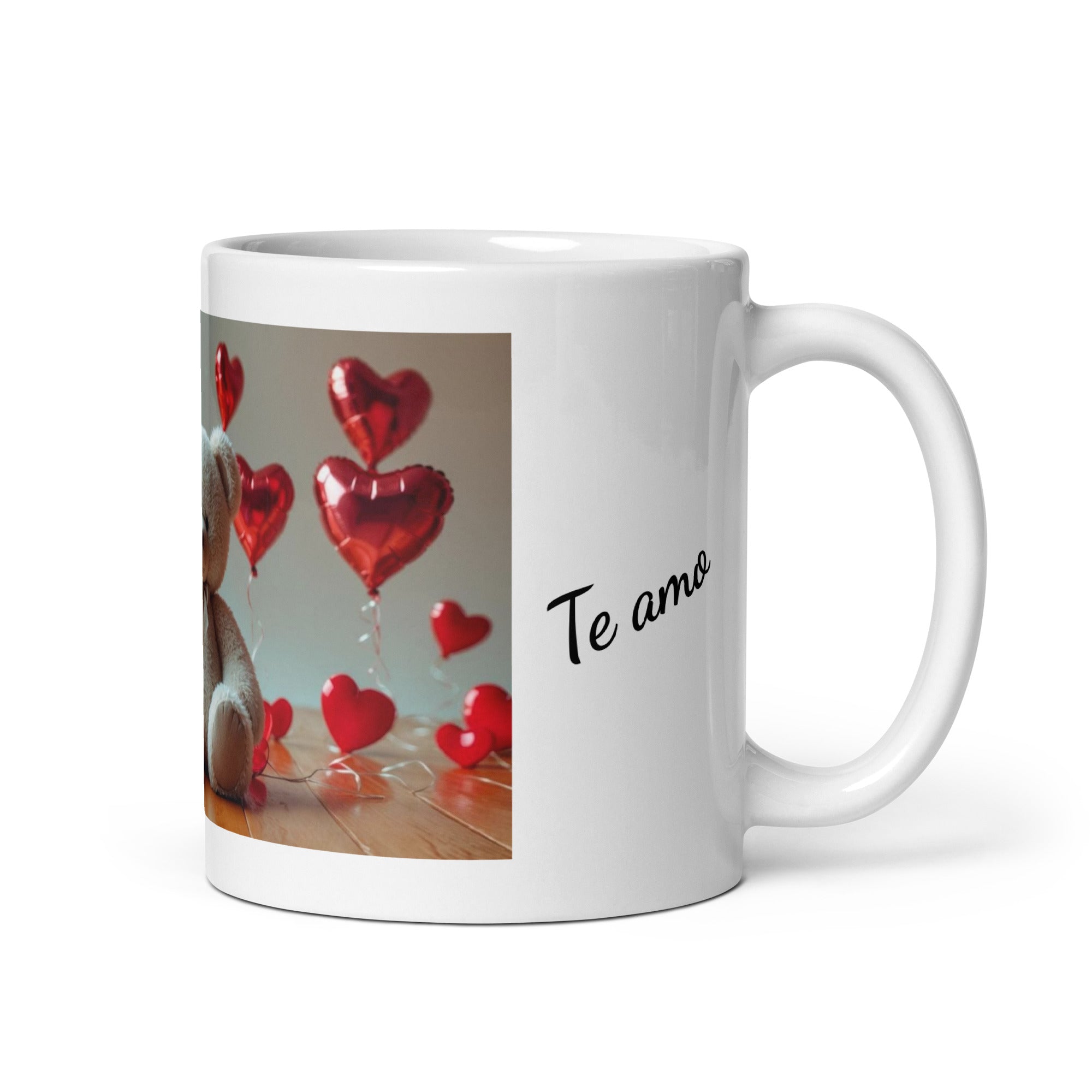 Taza blanca brillante. Osito globos de corazón