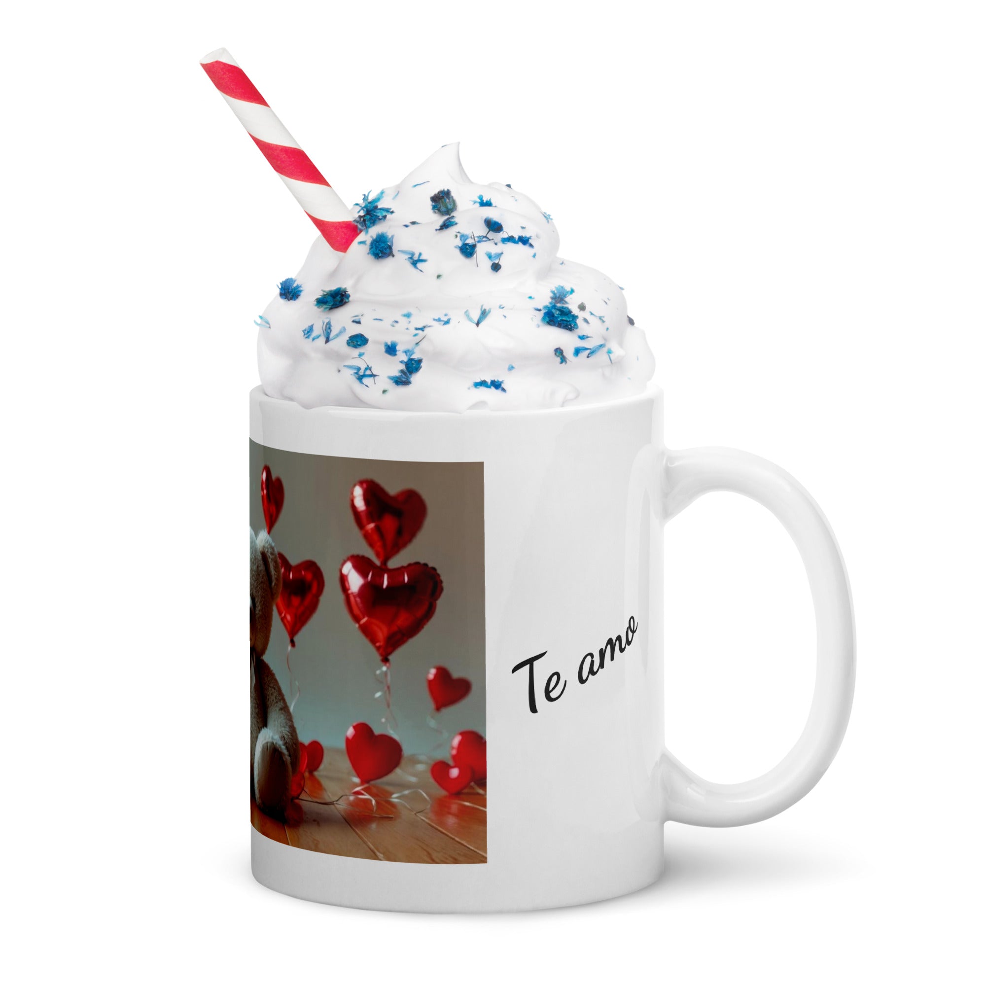 Taza blanca brillante. Osito globos de corazón